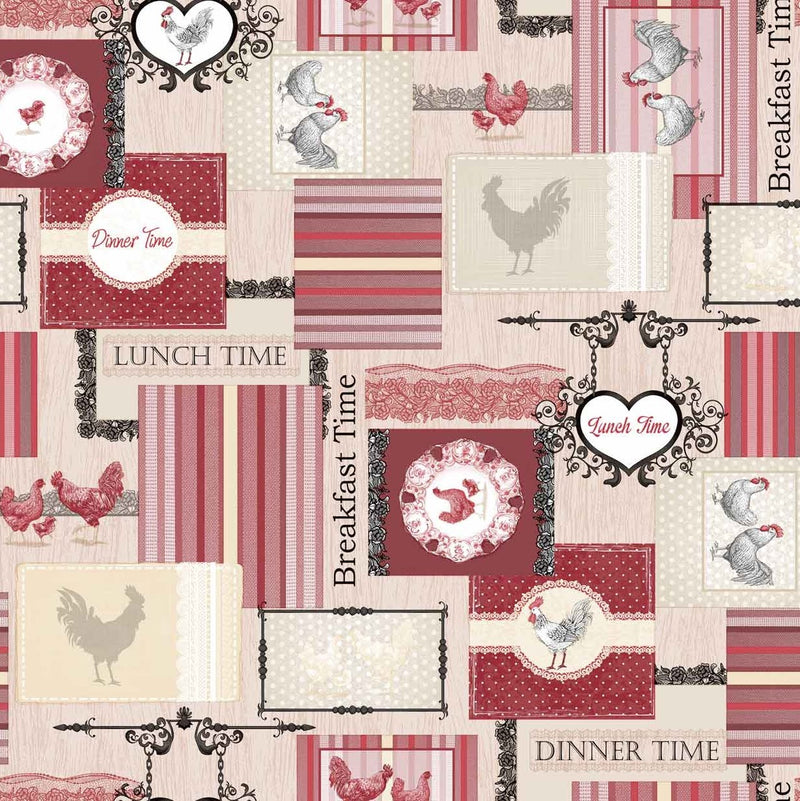 Chicken Rooster Dinner Time Red Vinyl Oilcloth Tablecloth