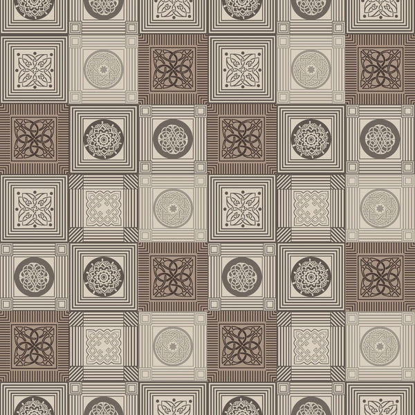 Beige and Taupe Geometric Squares Vinyl Oilcloth Tablecloth