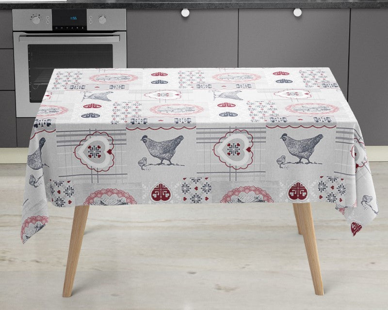 Love Chickens Grey  Vinyl Oilcloth Tablecloth