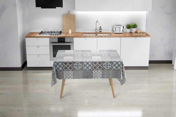 Porto Tiles Grey and Duckegg Vinyl Oilcloth Tablecloth