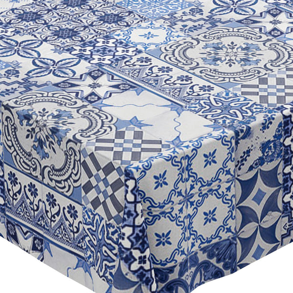 Moroccan Geometric Tiles Blue PVC Vinyl Wipeable Tablecloth