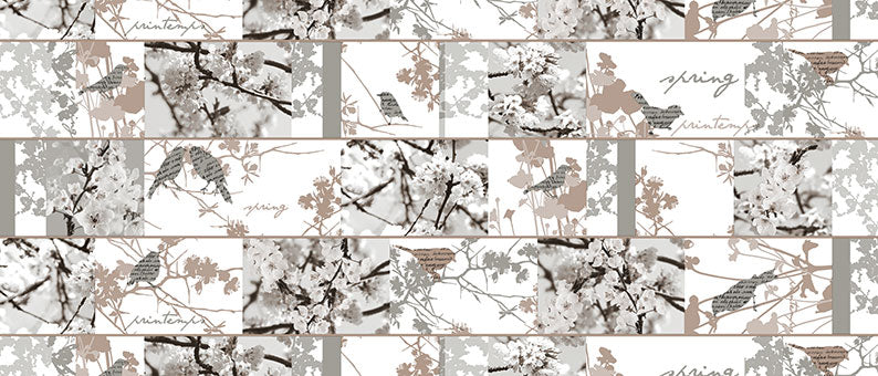 Birds & Blossom Taupe Vinyl Oilcloth Tablecloth