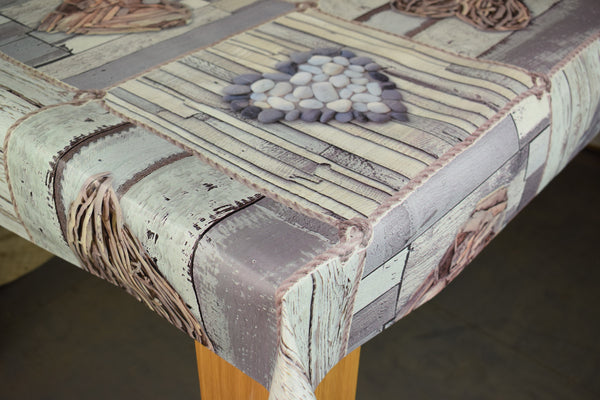 Patchwork Wood Grey Pebbles and Driftwood Hearts PVC Vinyl Oilcloth Tablecloth 160cm wide
