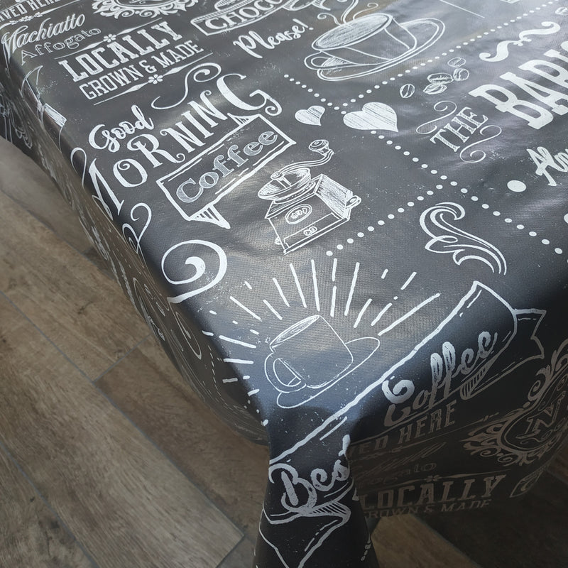 Barista Coffee Grey Vinyl Oilcloth Tablecloth
