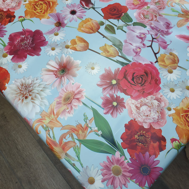 Summer Flowers on Sky Blue Vinyl Oilcloth Tablecloth