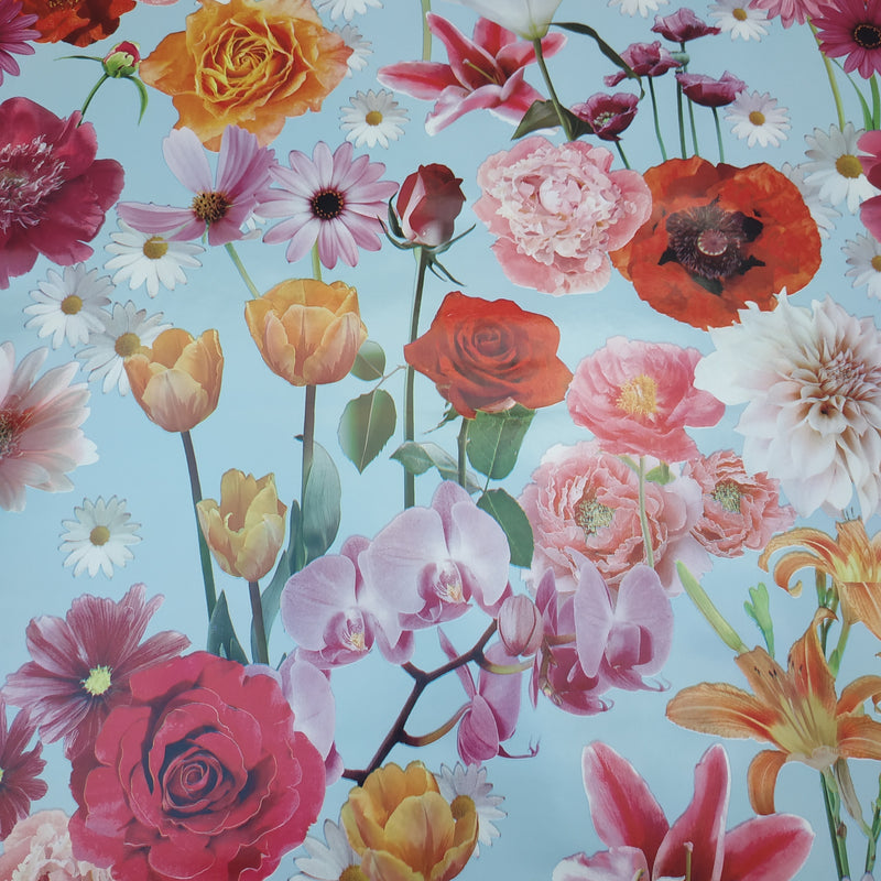Summer Flowers on Sky Blue Vinyl Oilcloth Tablecloth