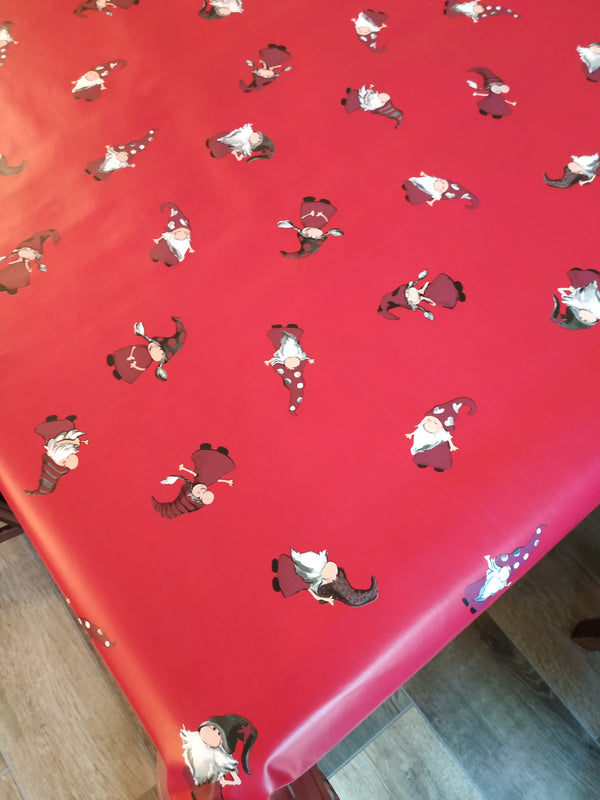 Christmas Santas Helpers Red Vinyl Oilcloth Tablecloth