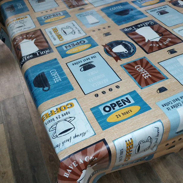 Coffee Diner Blue and Beige Vinyl Oilcloth Tablecloth