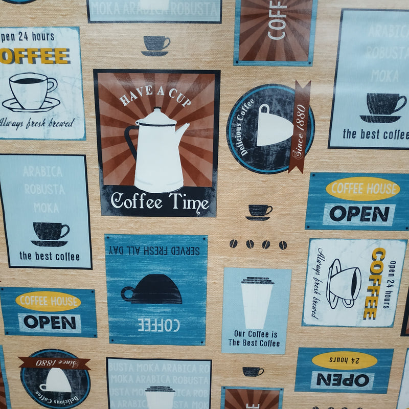 Coffee Diner Blue and Beige Vinyl Oilcloth Tablecloth