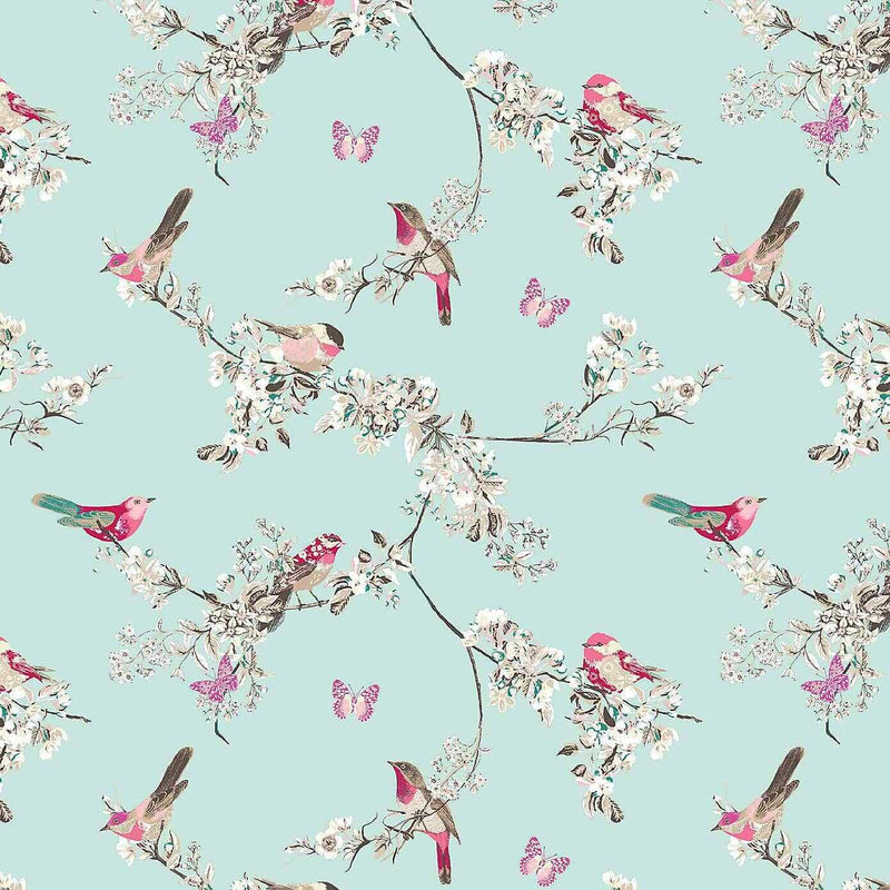Beautiful Birds Duckegg  100% Cotton Fabric by Clarke and Clarke