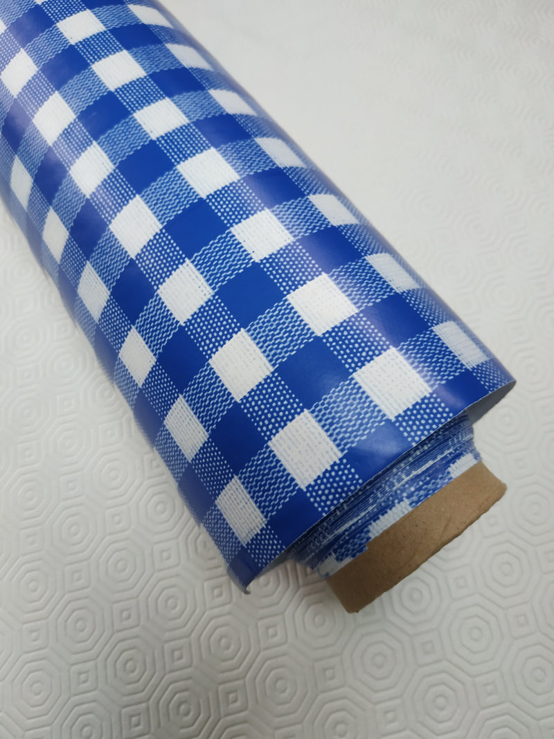 Blue Bistro Gingham Check  PVC Vinyl Tablecloth Roll 20 Metres x 140cm