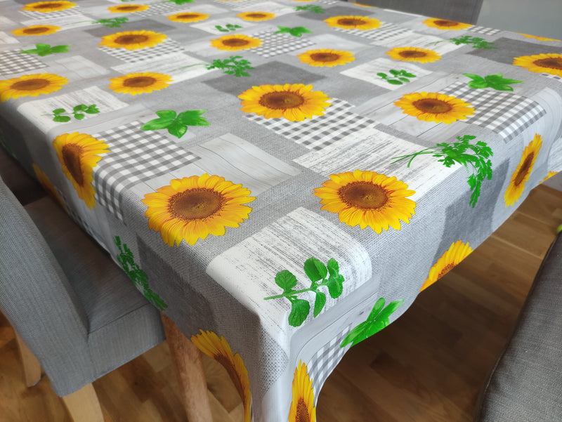 Grey and Yellow Sunflower Vinyl Oilcloth Tablecloth