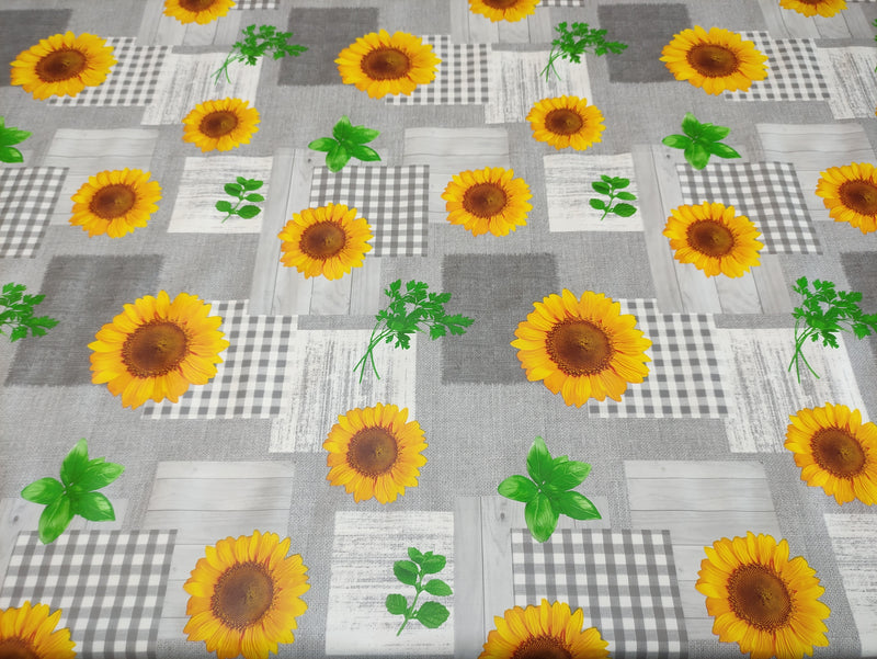 Grey and Yellow Sunflower Vinyl Oilcloth Tablecloth