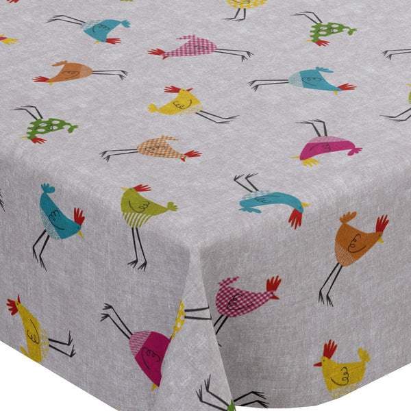 Chicken Grey Birds Linen Look Vinyl Oilcloth Tablecloth