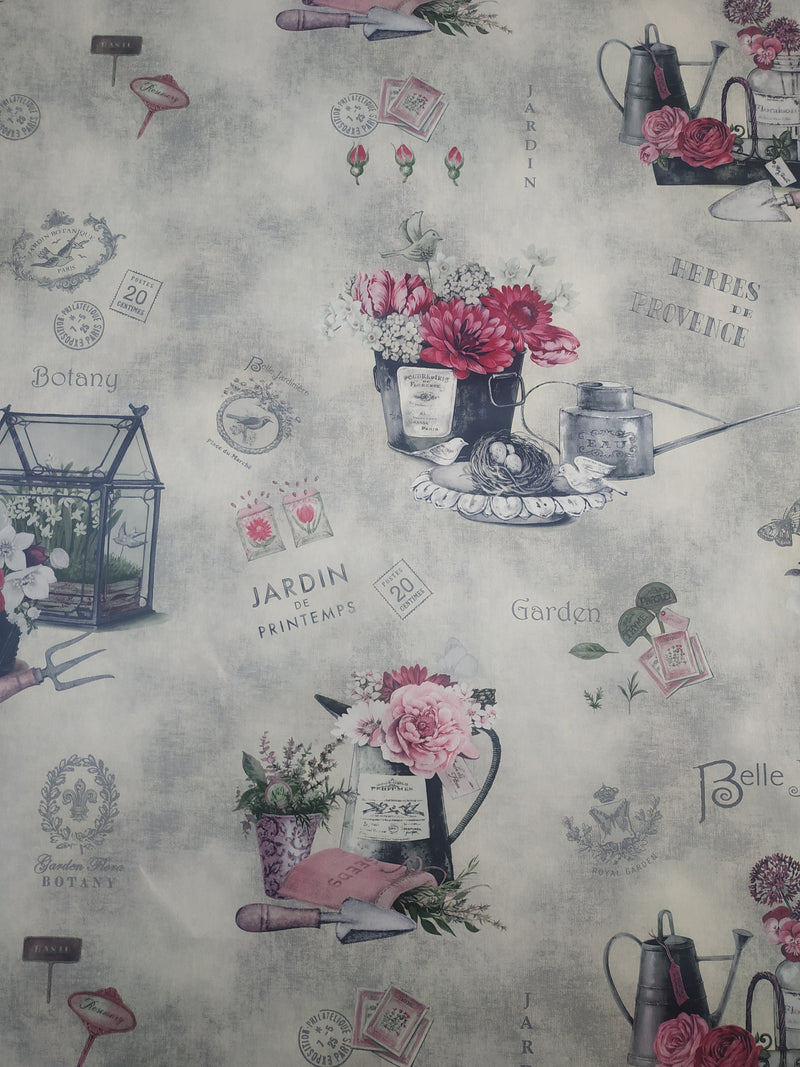 French Garden Grey and Pink Vinyl Tablecloth