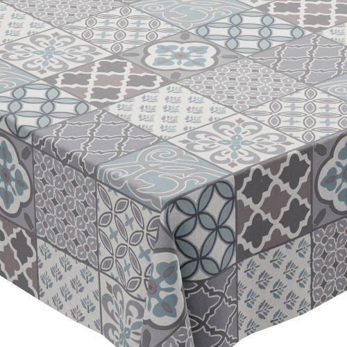 Square PVC Tablecloth Porto Tiles Grey and Duckegg Oilcloth 140cm x 140cm