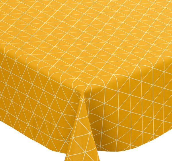 Square PVC Tablecloth Ochre Mustard Geometric Triangles Oilcloth 140cm x 140cm