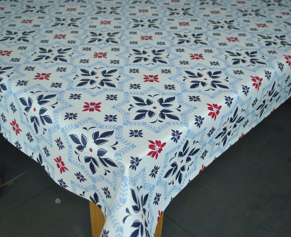 Square PVC Tablecloth Seville Geometric Navy Blue and Red Oilcloth 140cm x 140cm