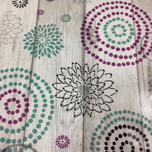 Square PVC Tablecloth Omaha Geometric Grey Wood Effect Duckegg Oilcloth 140cm x 140cm