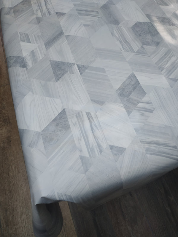 Square PVC Tablecloth Light Grey Geometric Wood Effect Oilcloth 140cm x 140cm