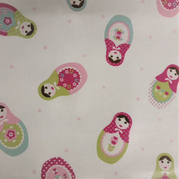 Round PVC Tablecloth Russian Dolls Pink Oilcloth 132cm