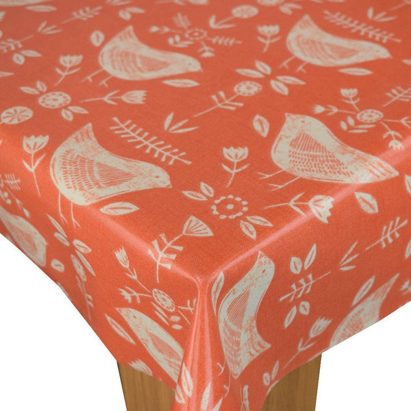 Round PVC Tablecloth Fryetts Narvik Scandi Birds Burnt Orange Oilcloth 132cm