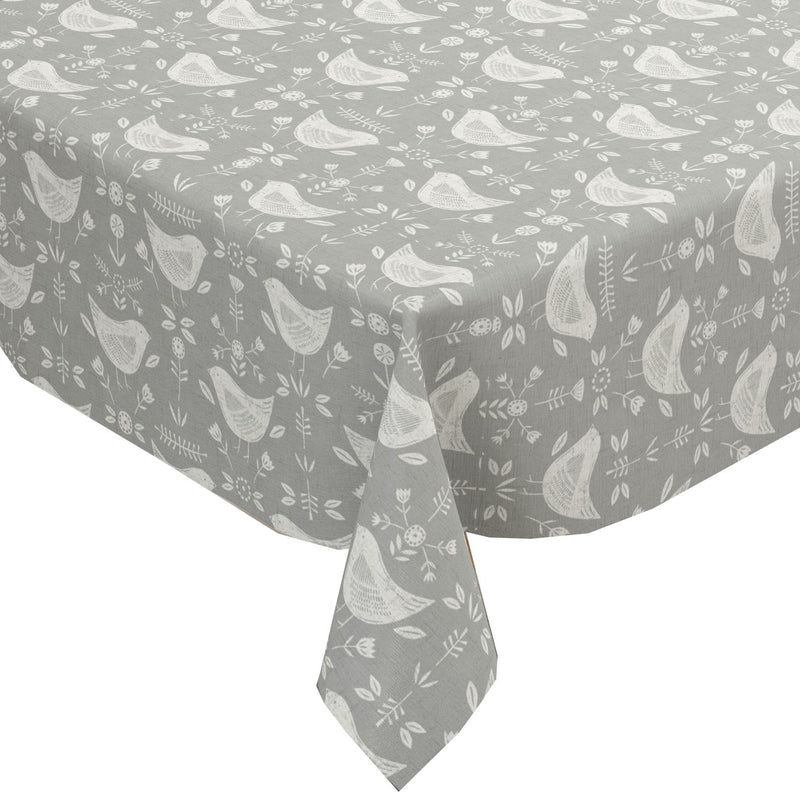 Round PVC Tablecloth Fryetts Narvik Scandi Birds Grey Oilcloth 132cm
