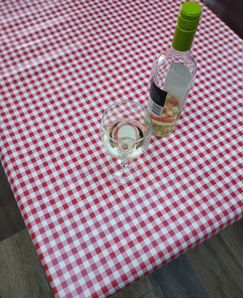 Raspberry Red Small Gingham Check Vinyl Oilcloth Tablecloth