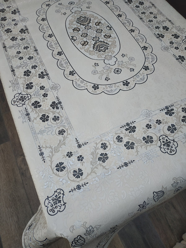 Floral Grey Black Silver  Border  Tablecloth Panel PVC Vinyl Wipe Clean 120cm x 155cm Warehouse Clearance Sample