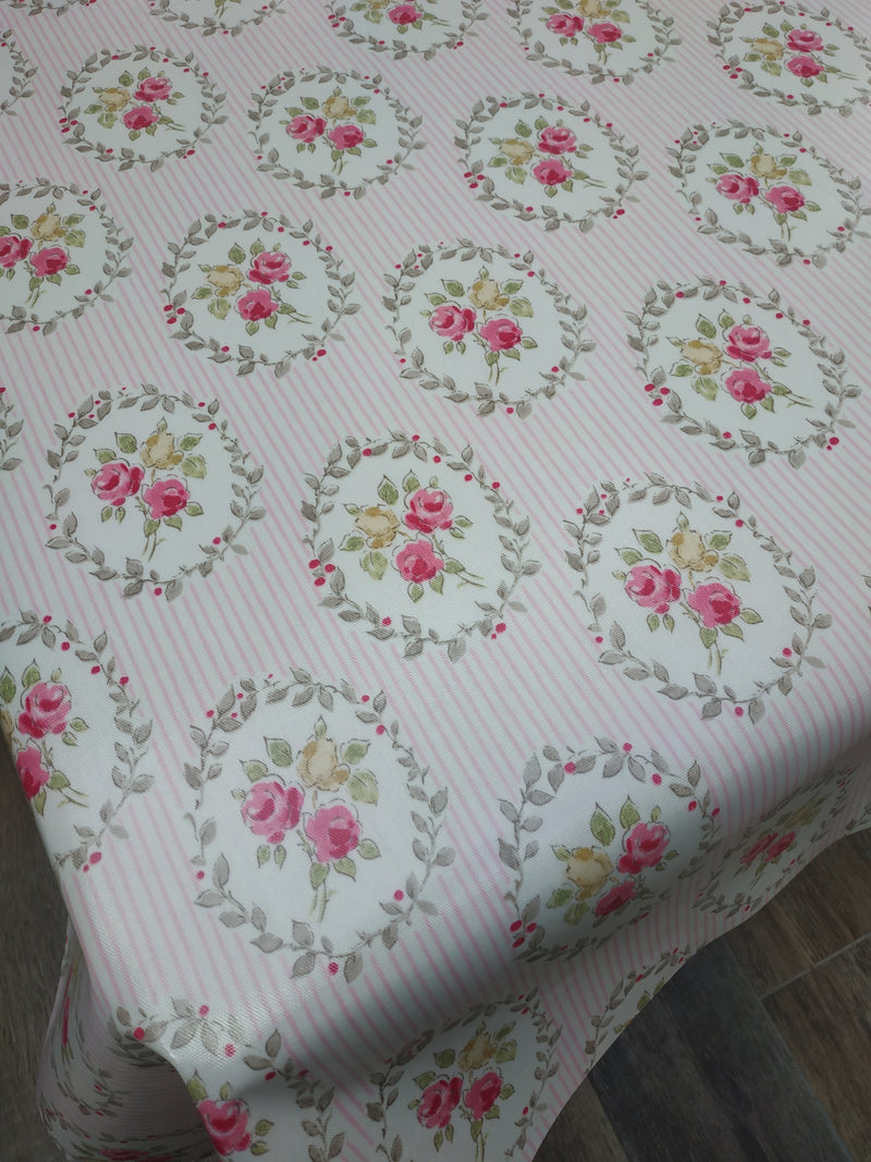 Felicity Rose Pink Oilcloth Tablecloth 250cm x 132cm by Clarke and Clarke   - Warehouse Clearance