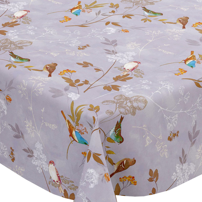 Birds Grey Leaves Vinyl Oilcloth Tablecloth
