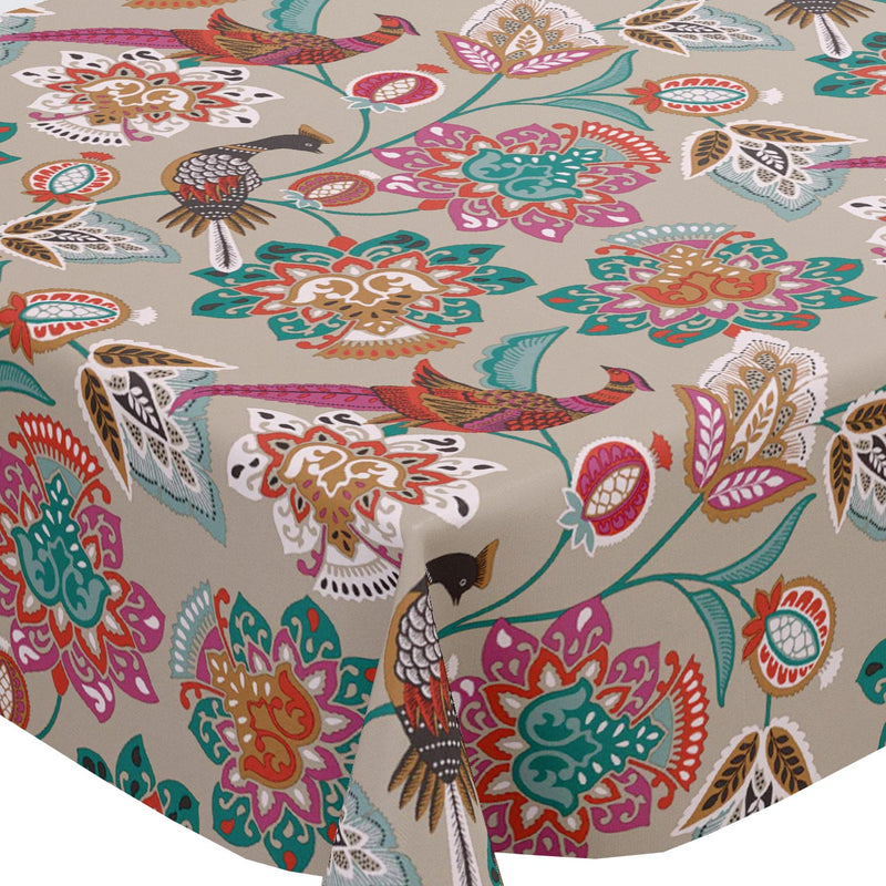 Birds Forest Taupe Vinyl Oilcloth Tablecloth