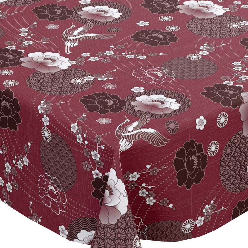 Japanese Birds Red Cranberry Vinyl Oilcloth Tablecloth