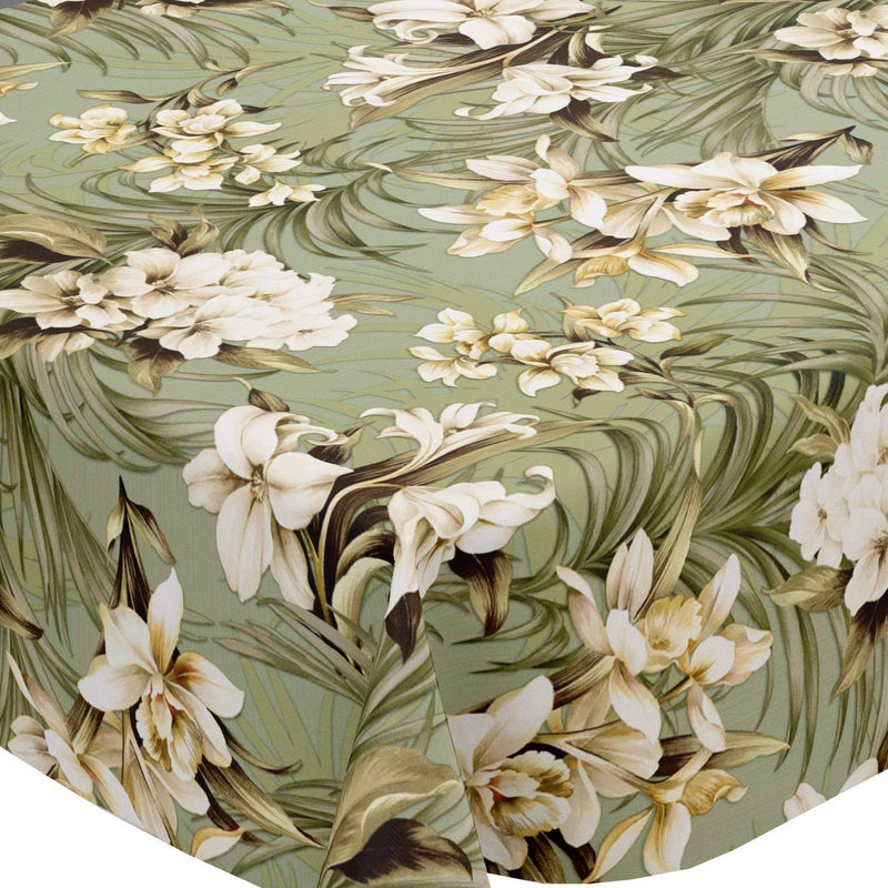 Leona Exotic Flowers Green Vinyl Oilcloth Tablecloth
