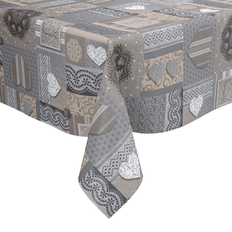 Grey and Beige Hearts Vinyl Oilcloth Tablecloth