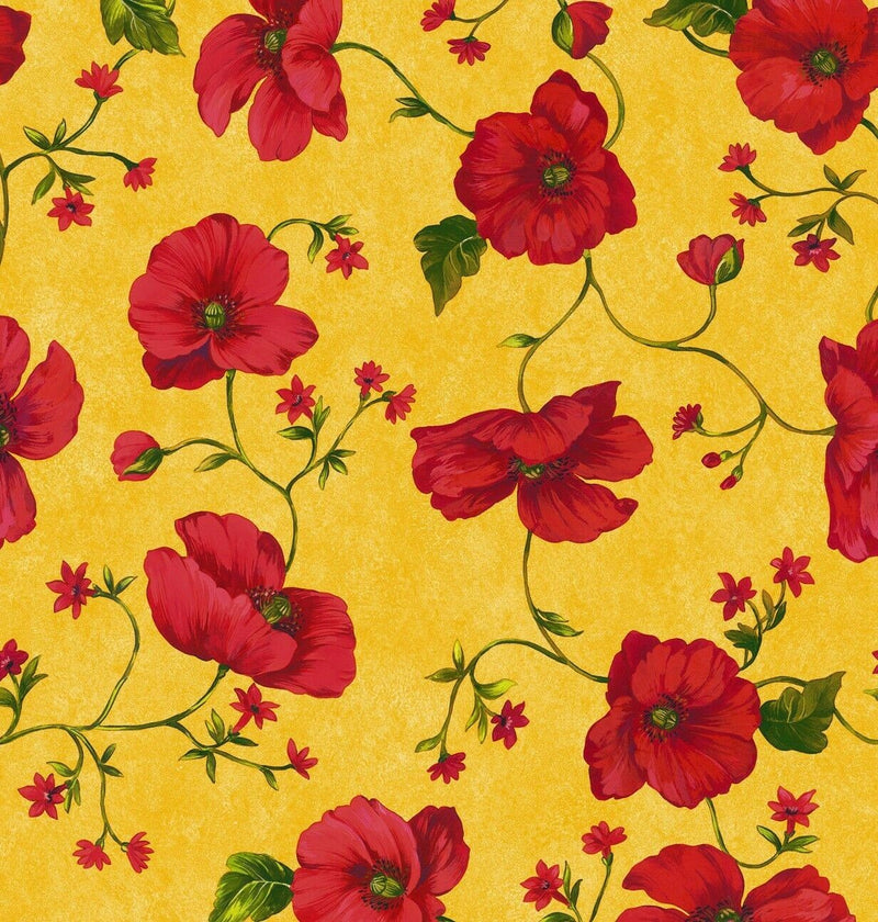 Poppies Red on Yellow PVC Vinyl Tablecloth 20 Metres