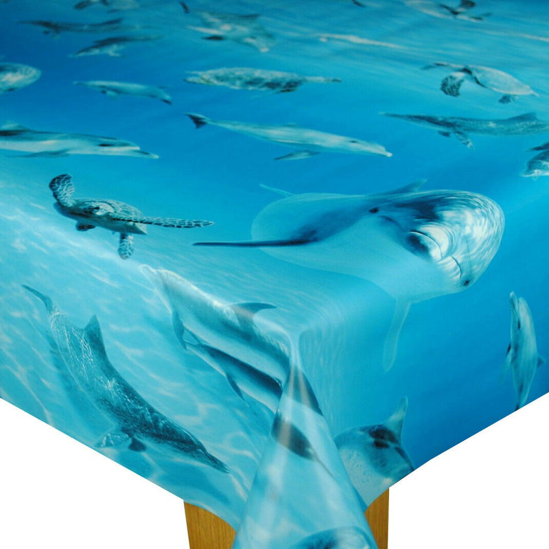 Dolphins and Turtles Sea Blue  PVC Vinyl Tablecloth 20 Metres x 140cm