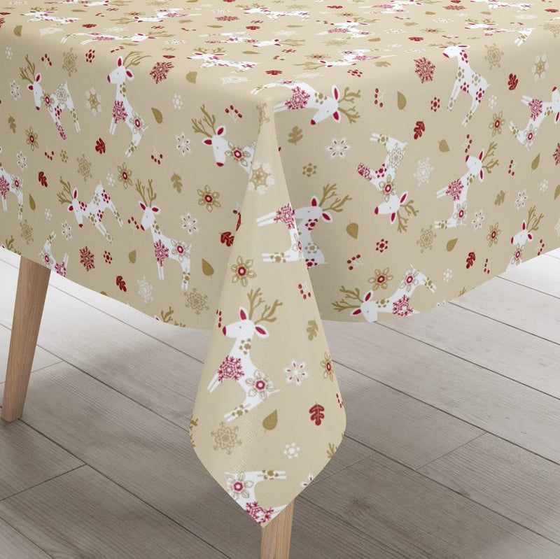 Christmas Scandi Reindeer Cream Vinyl Oilcloth Tablecloth