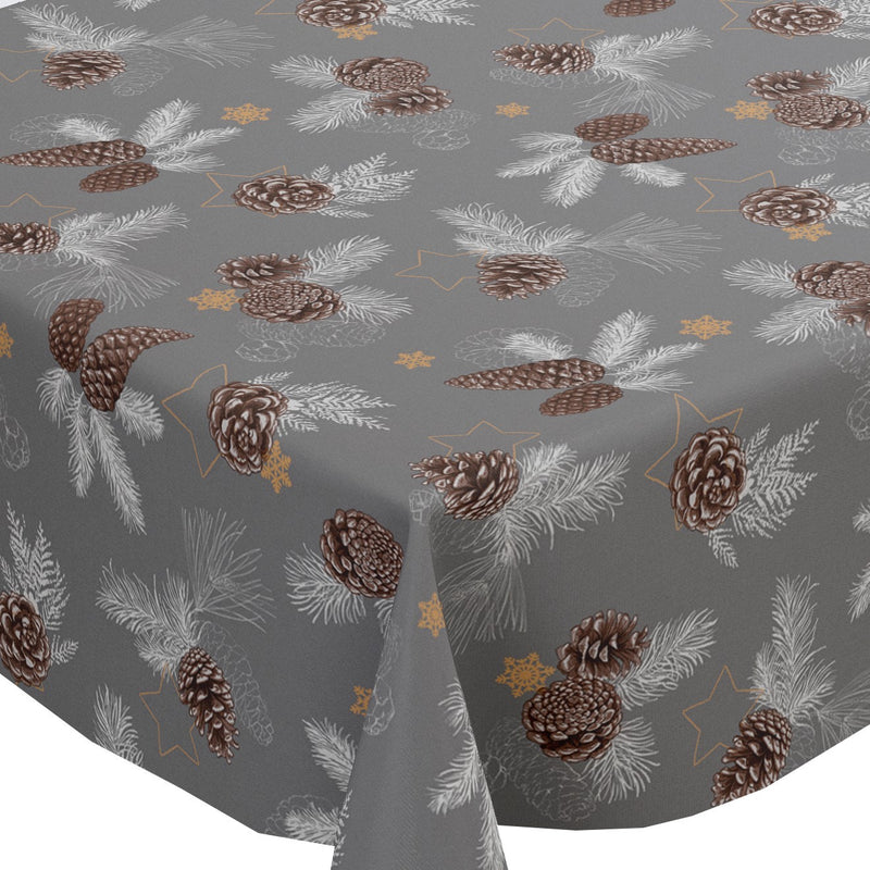 Christmas Pine Cones Grey and Brown Vinyl Oilcloth Tablecloth