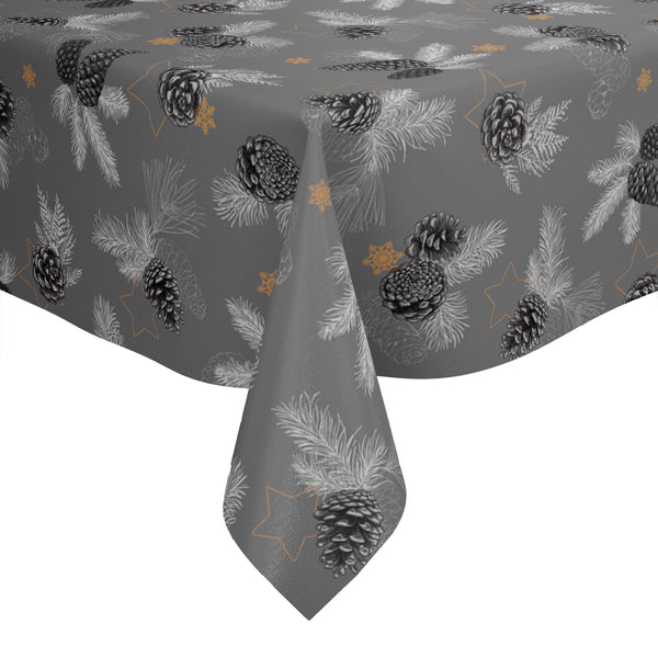 Christmas Pine Cones Grey and Grey Vinyl Oilcloth Tablecloth