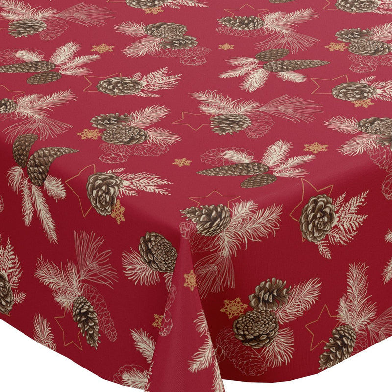 Christmas Pine Cones Red Vinyl Oilcloth Tablecloth