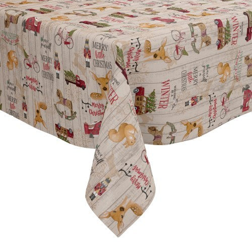 Christmas Holly Jolly Beige Vinyl Oilcloth Tablecloth