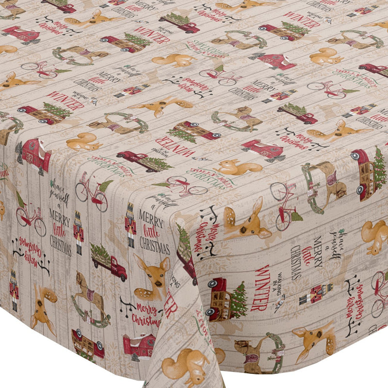 Christmas Holly Jolly Beige Vinyl Oilcloth Tablecloth