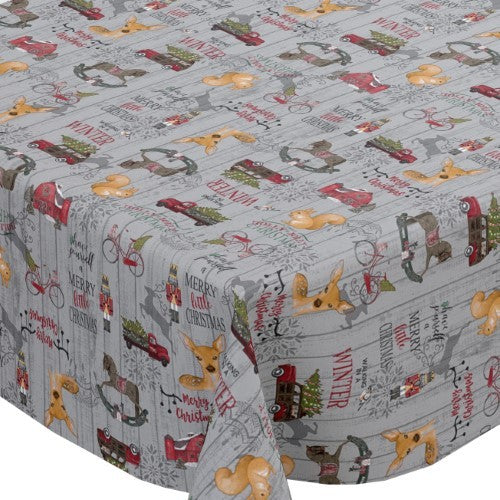 Christmas Holly Jolly Grey Vinyl Oilcloth Tablecloth