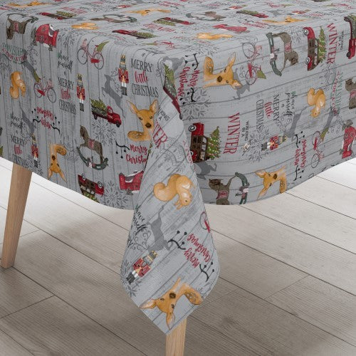 Christmas Holly Jolly Grey Vinyl Oilcloth Tablecloth