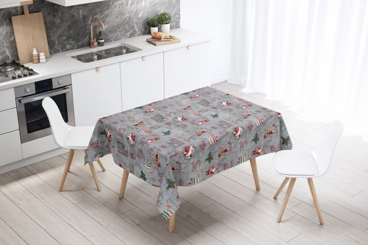 Christmas Holly Jolly Grey Vinyl Oilcloth Tablecloth