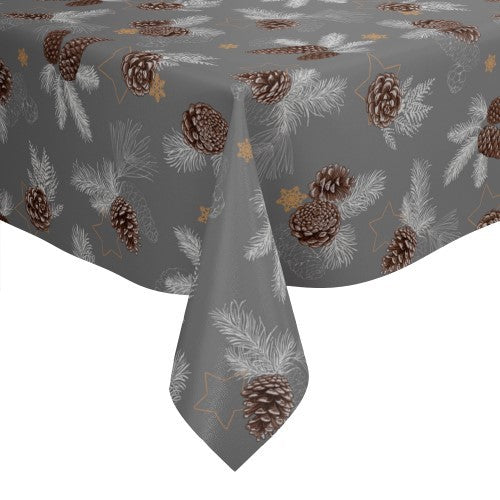 Christmas Pine Cones Grey and Brown Vinyl Oilcloth Tablecloth
