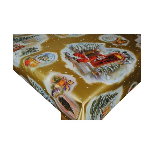 Santa Knocking Gold Christmas  PVC Vinyl Tablecloth 20 Metres x 140cm