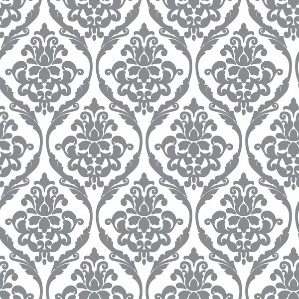 ROUND 100cm Silver on White Damask PVC Vinyl Wipe Clean Tablecloth