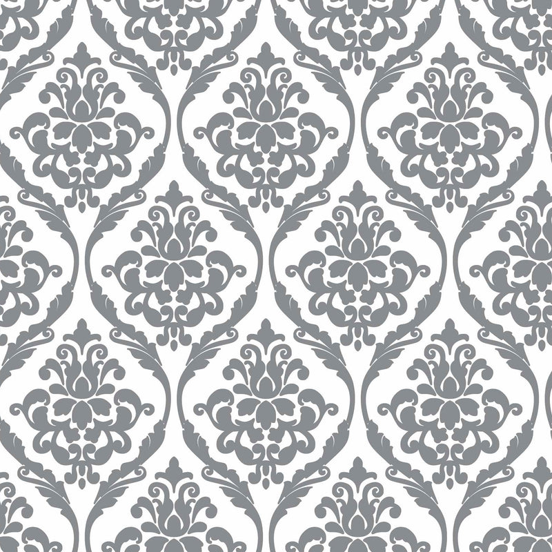 ROUND 100cm Silver on White Damask PVC Vinyl Wipe Clean Tablecloth